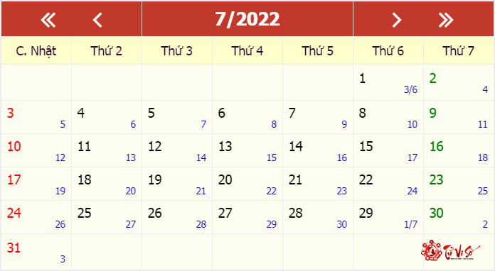 lịch tháng 07 năm 2022