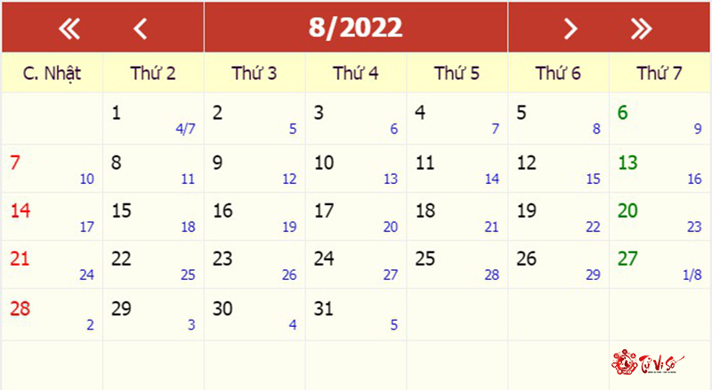 lịch năm tháng 08 năm 2022