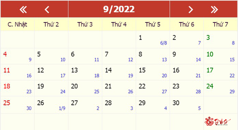 lịch tháng 09 năm 2022