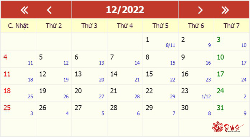 lịch tháng 12 năm 2022